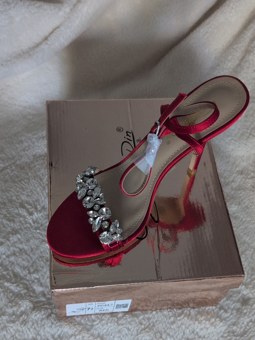 Embellished Red Satin Evening Heel with Jewel Accent